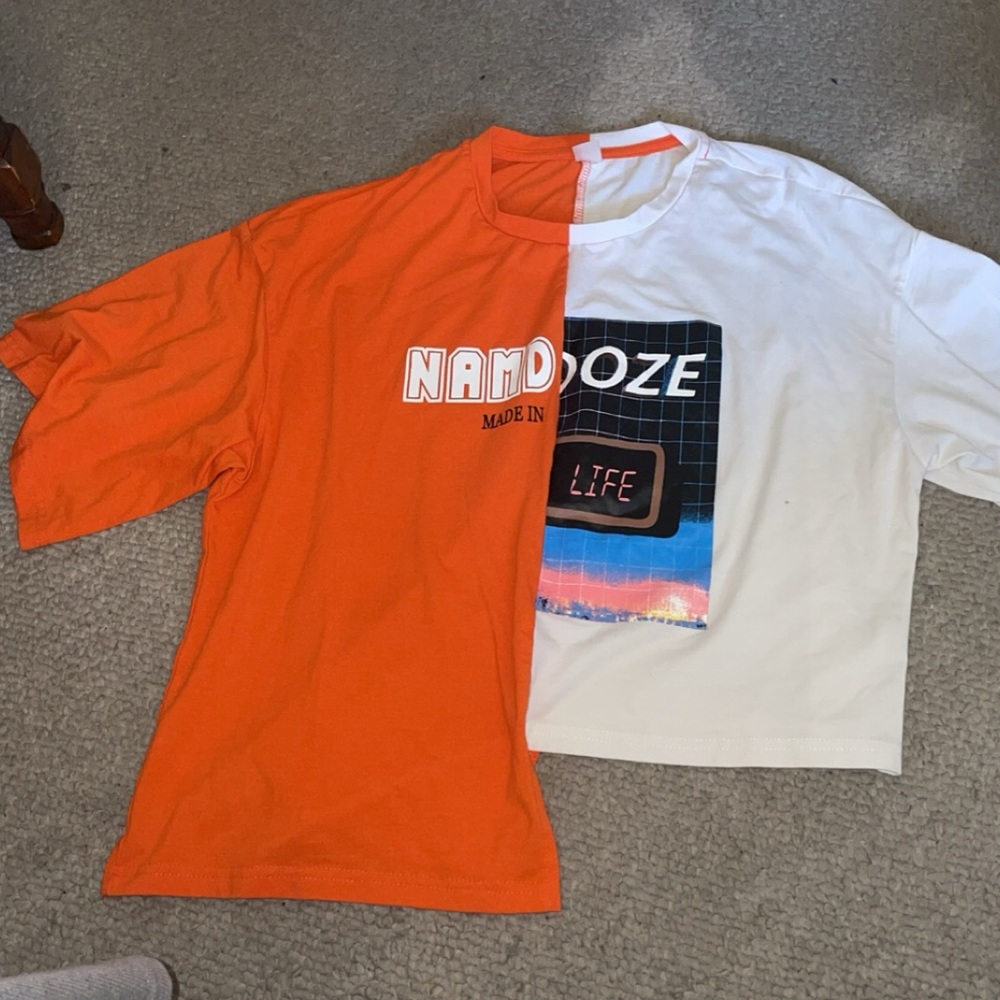 Mixed print two tone asymmetrical neon tee